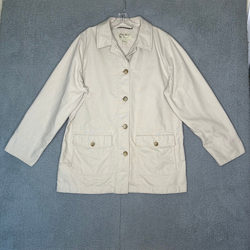 Eddie Bauer Unisex Beige Cotton Canvas Chore Jacket Utility Coat Large Khaki Tan